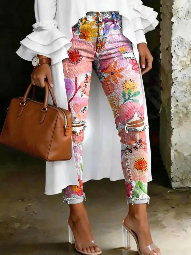 Women's Fashion Cute Floral Print Artistic Print Casual High-waisted Skinny Ripped Jeans