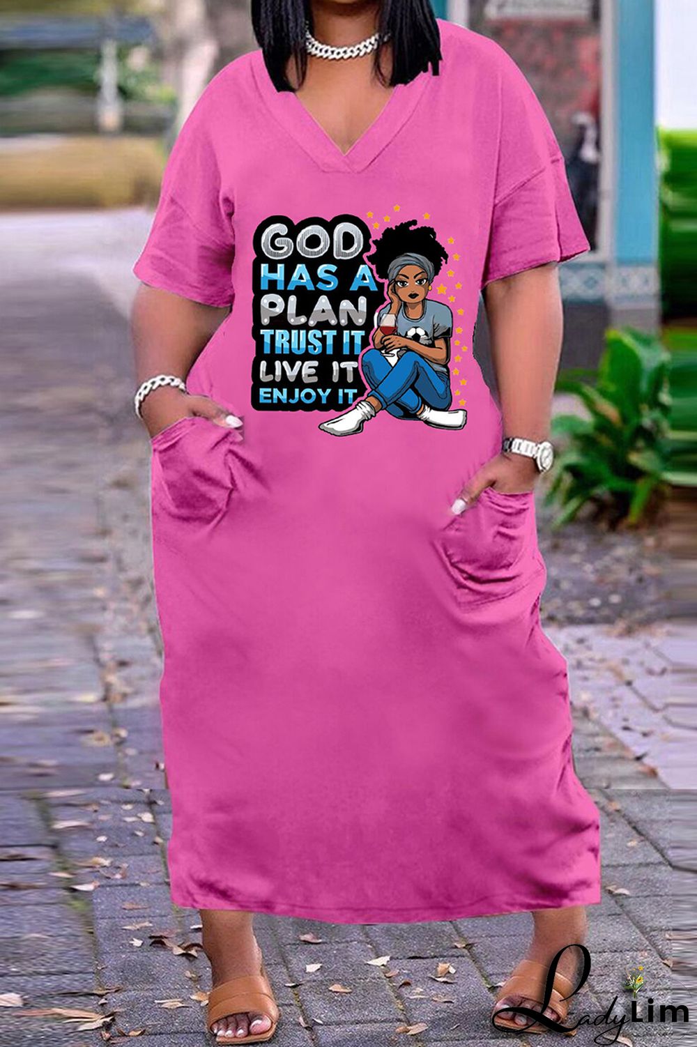 Black White Fashion Casual Plus Size Print Basic V Neck Short Sleeve Dress