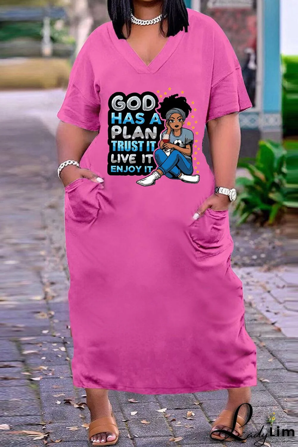 Black White Fashion Casual Plus Size Print Basic V Neck Short Sleeve Dress