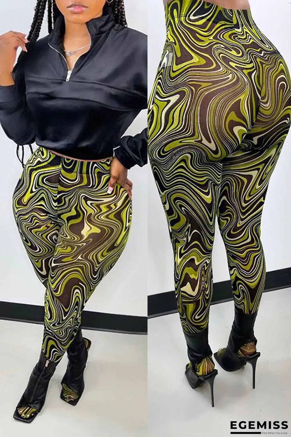 Green Street Print Patchwork Skinny High Waist Pencil Full Print Bottoms | EGEMISS