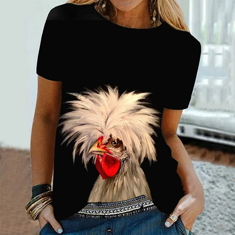 Wearshes Casual Crew Neck Chicken Print T-Shirt