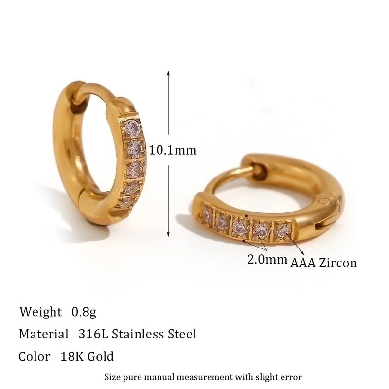 1 Pair Minimalist Round Solid Color Plating Inlay 304 Stainless Steel Zircon 18K Gold Plated Hoop Earrings