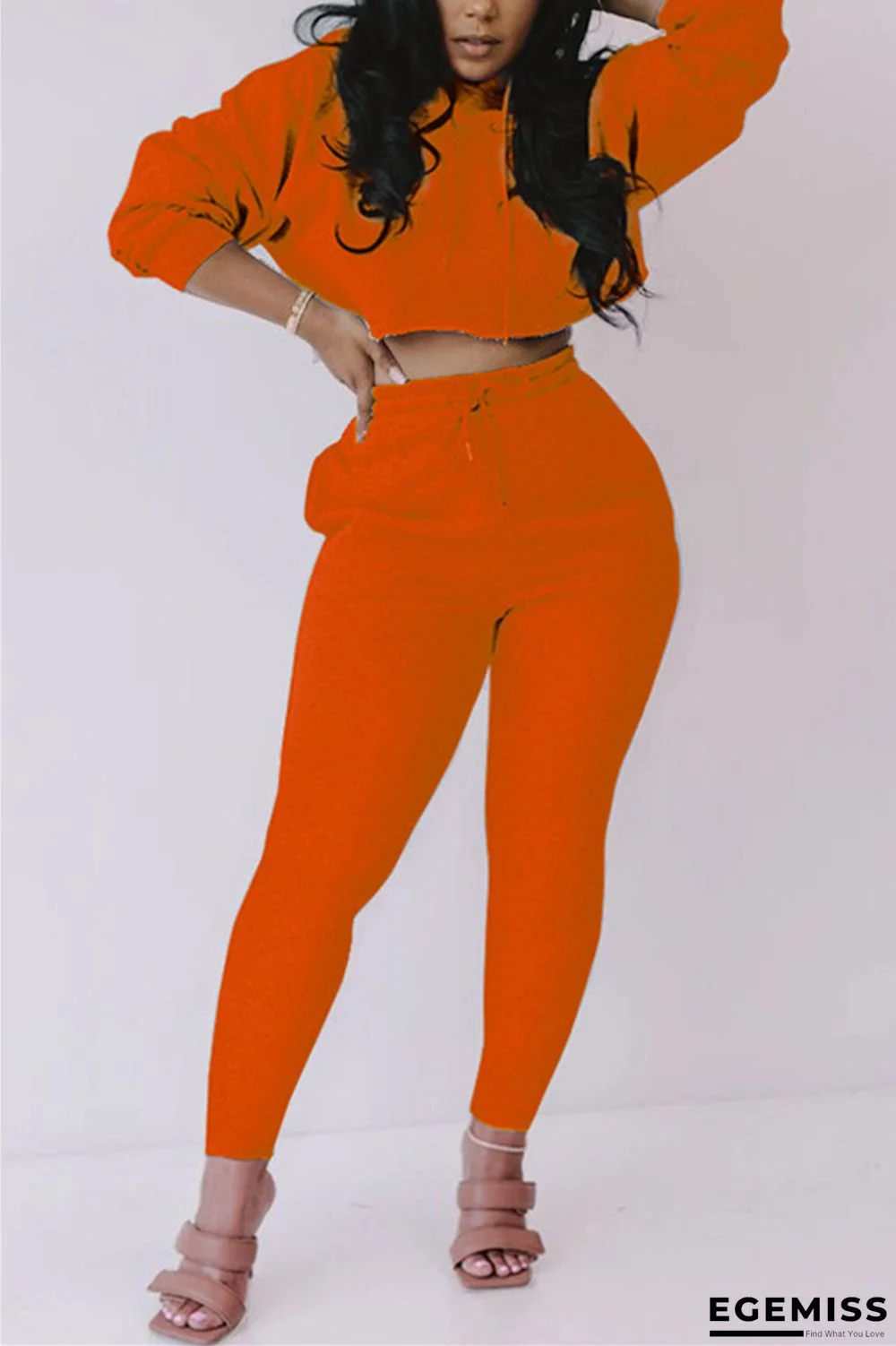 Orange Fashion Casual Long Sleeve Hooded Collar Regular Sleeve Short Solid Two Pieces | EGEMISS