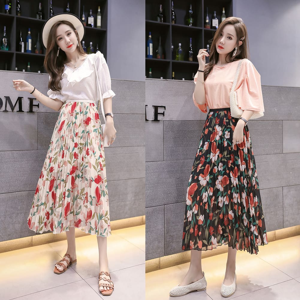  Fashion Women Floral Pleated Boho Midi Skirt High Waist Ladies Casual Summer Party Cocktail Wrap Skirt Sundress