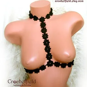 pornhint Pornhint Hot crochet harness bra, cheeky bodychain, lace seductive lingerie, chain necklace, gift for her, fetish necklace