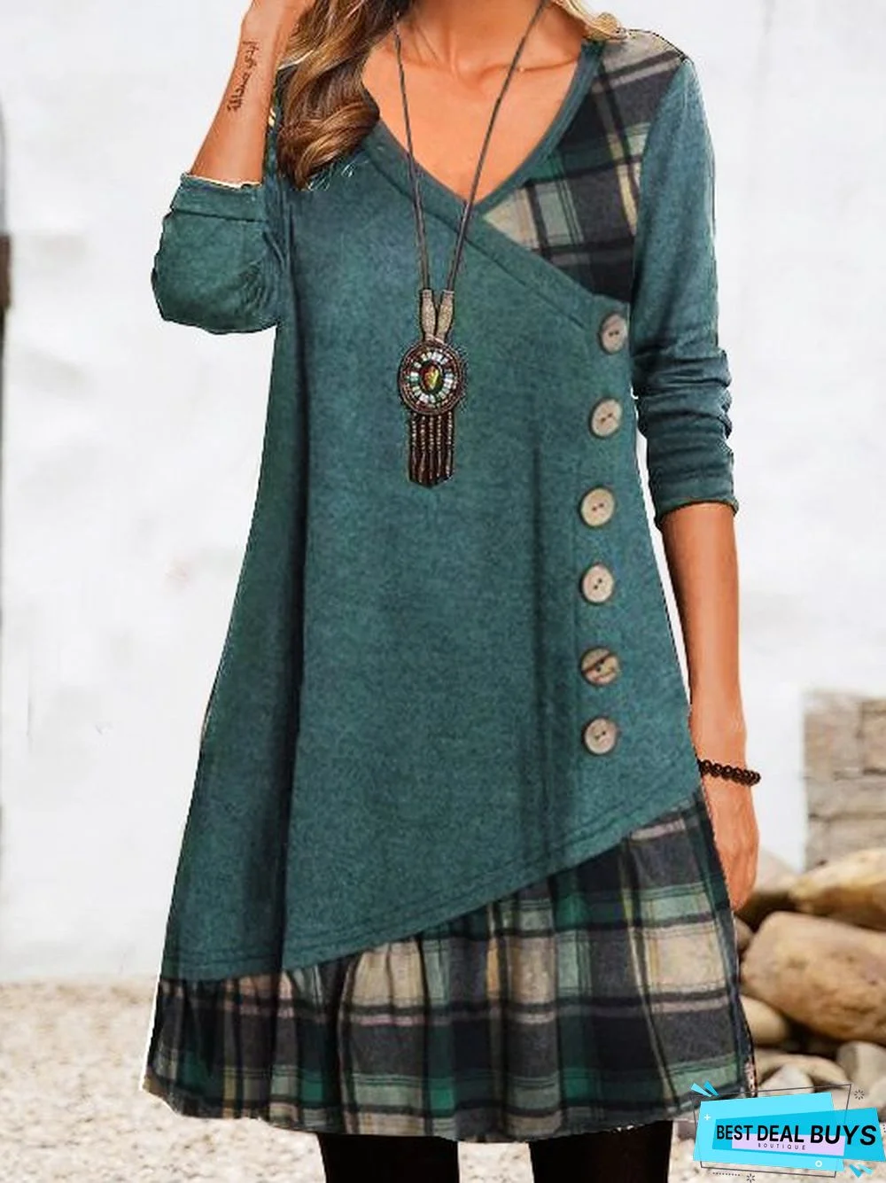 Women Geometric Casual Autumn V neck Natural Loose Midi A-Line Regular Dress