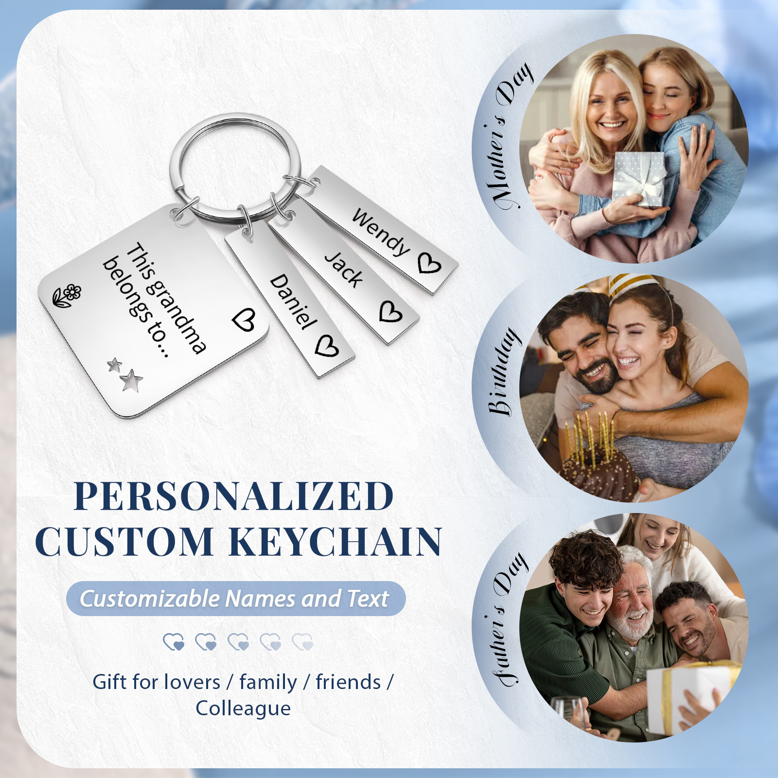 Personalised 3 Names & 1 Text Keychain Custom Family Keychain Gifts for Father/Mother/Grandma/Grandpa-Jessemade AU