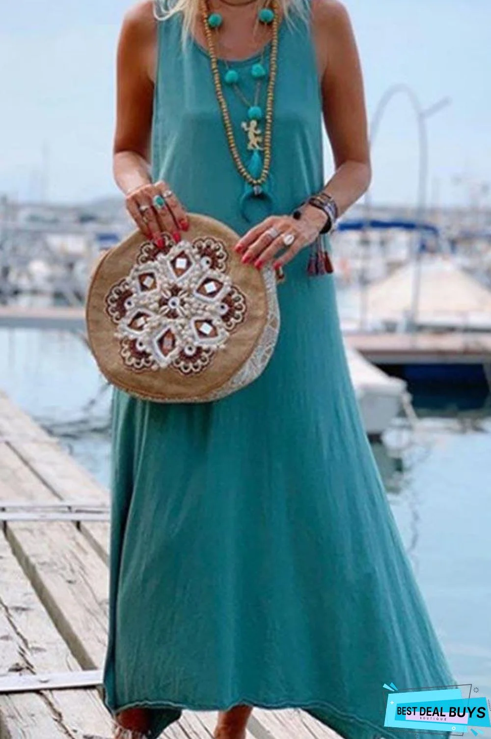 Sleeveless Back Print Crew Neck Holiday Slit Maxi Dress