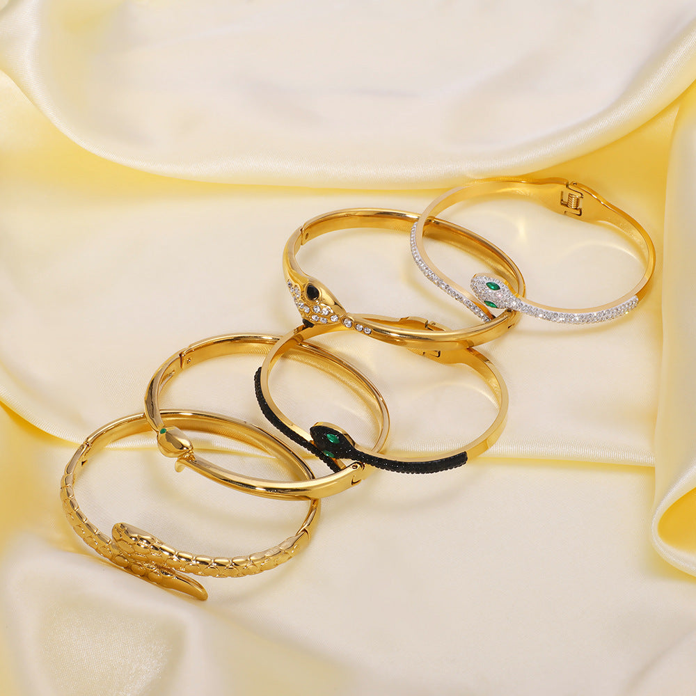 Snake-Shaped Diamond-Encrusted Cast Open Titanium Steel Bracelet Niche Design Stainless Steel 18K Gold-Plated Bracelet