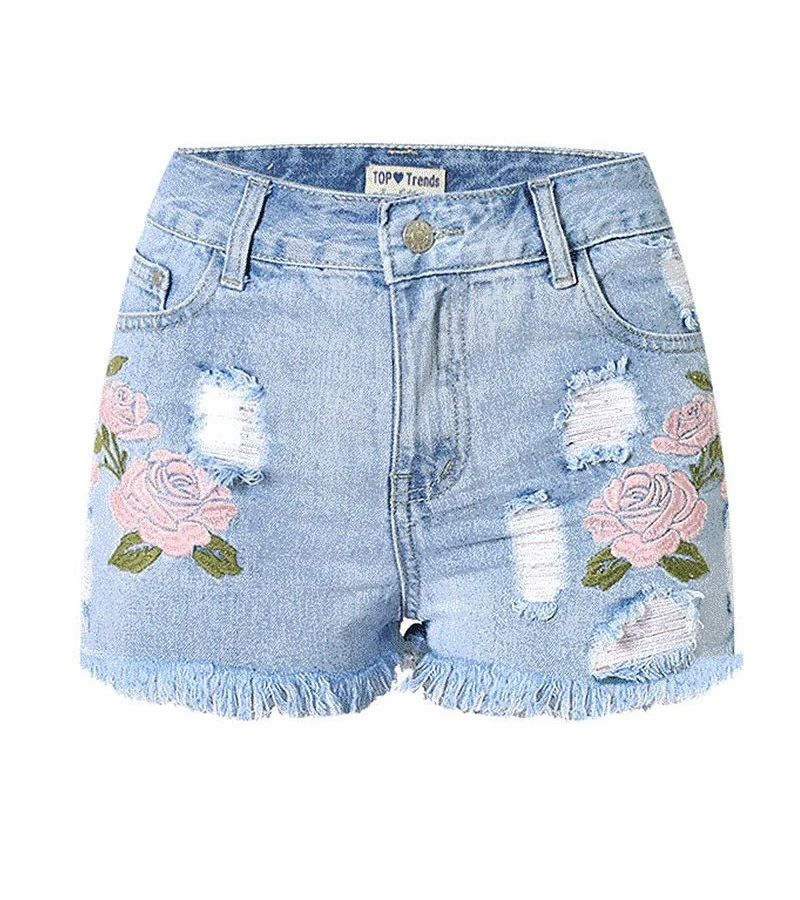 Fashion Unique 3D Flower Embroideried Women High-waisted Denim Shorts