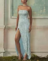 Sky Blue Net Crystal Gown And Feather Cape Set