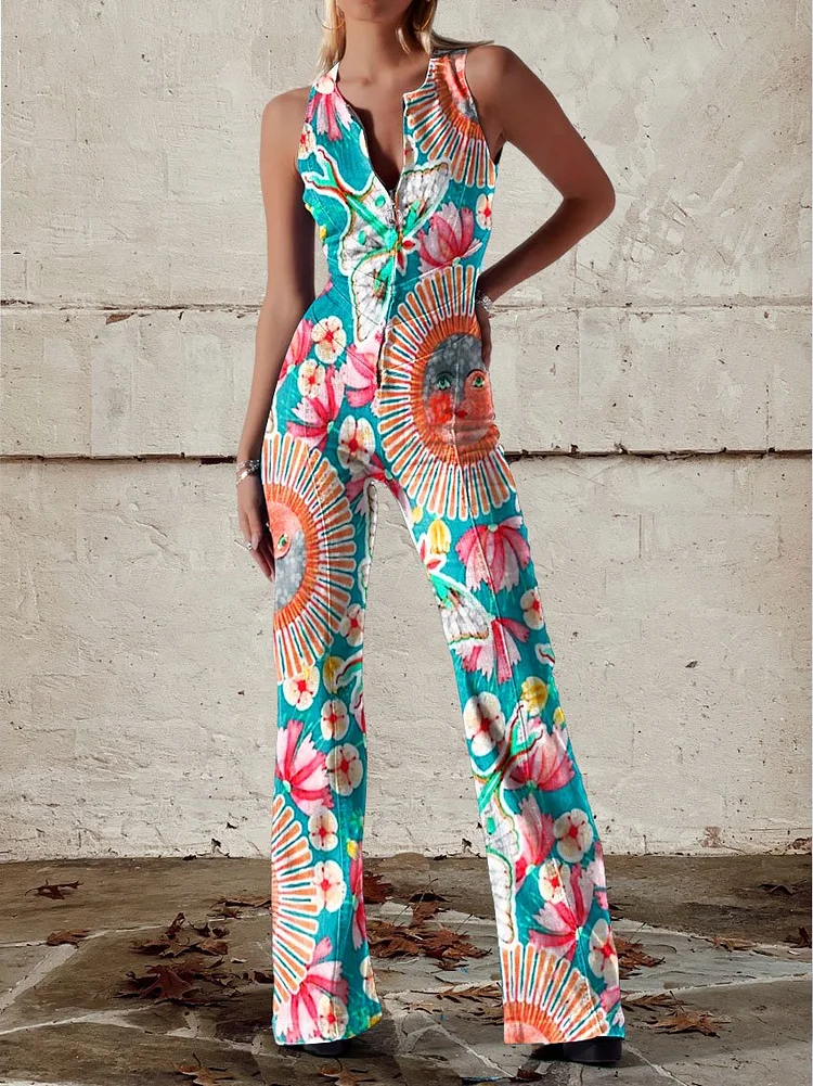 Women's Vintage Abstract Flower Botanical Art Print Casual Denim Jumpsuit