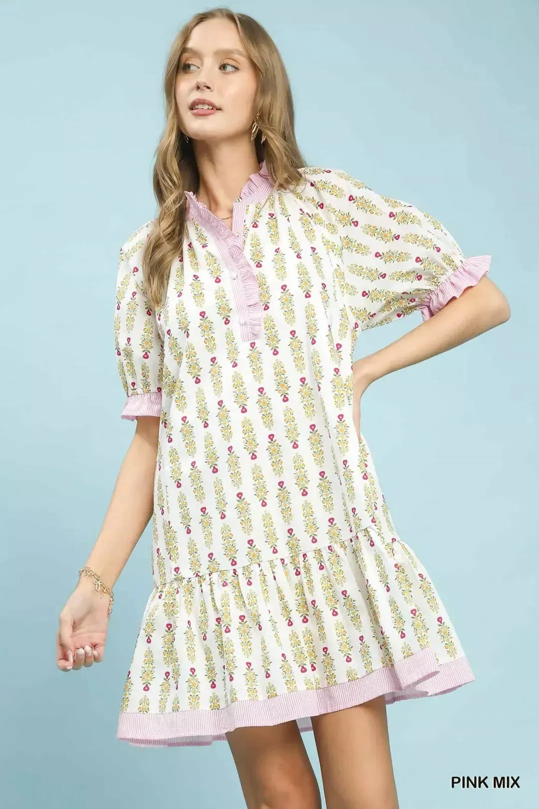 Umgee Striped Trim Floral Tiered Mini Dress mysite idetrend