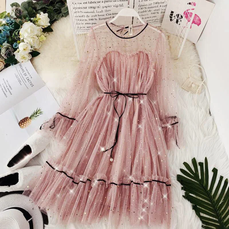 NEEDBO Sexy Dress Vestidos Star Sequined Mesh Shiny Fairy Dress Women Elegant Bling Gauze Princess Loose A-line Puff Dresses Rob