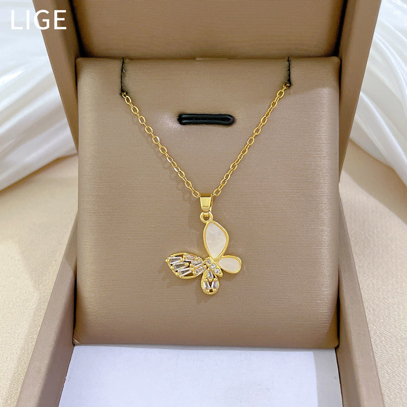 Shell Hollow Butterfly Full Diamond Gorgeous Full Diamond Necklace Women'S Versatile Clavicle Chain Titanium Steel