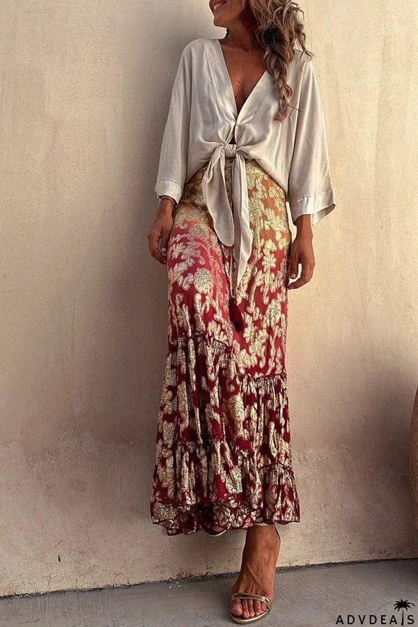 Summer Harvest Golden Floral Gradient Elastic Waist Maxi Skirt