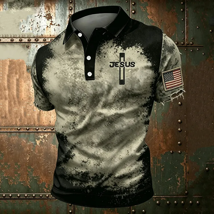 Men's Faith American Flag Vintage Print  Polo Shirt