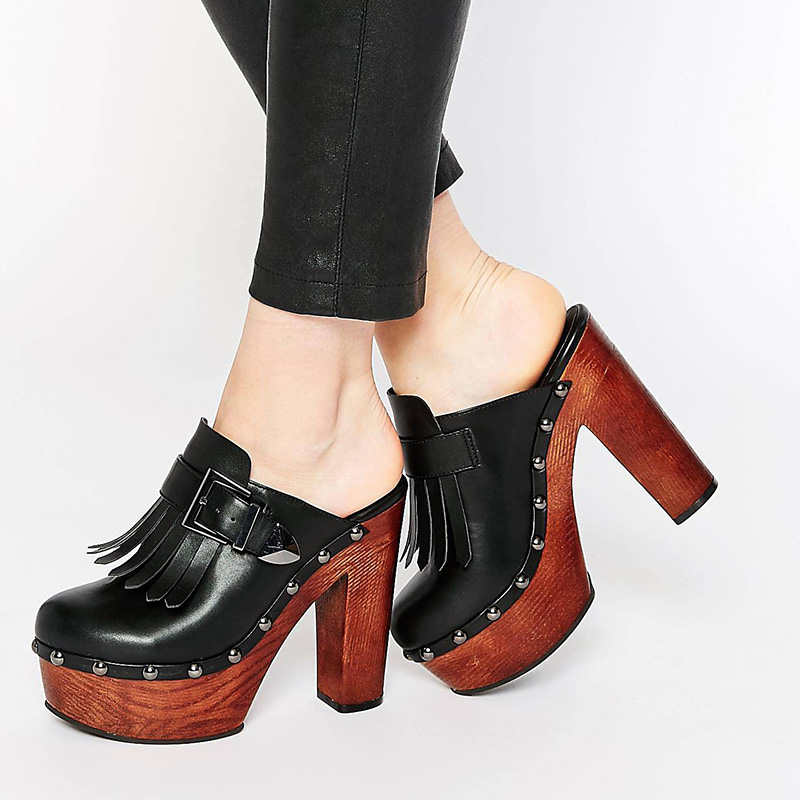 Vintage Black Chunky Heel Buckle Fringe Platform Mules with Studs