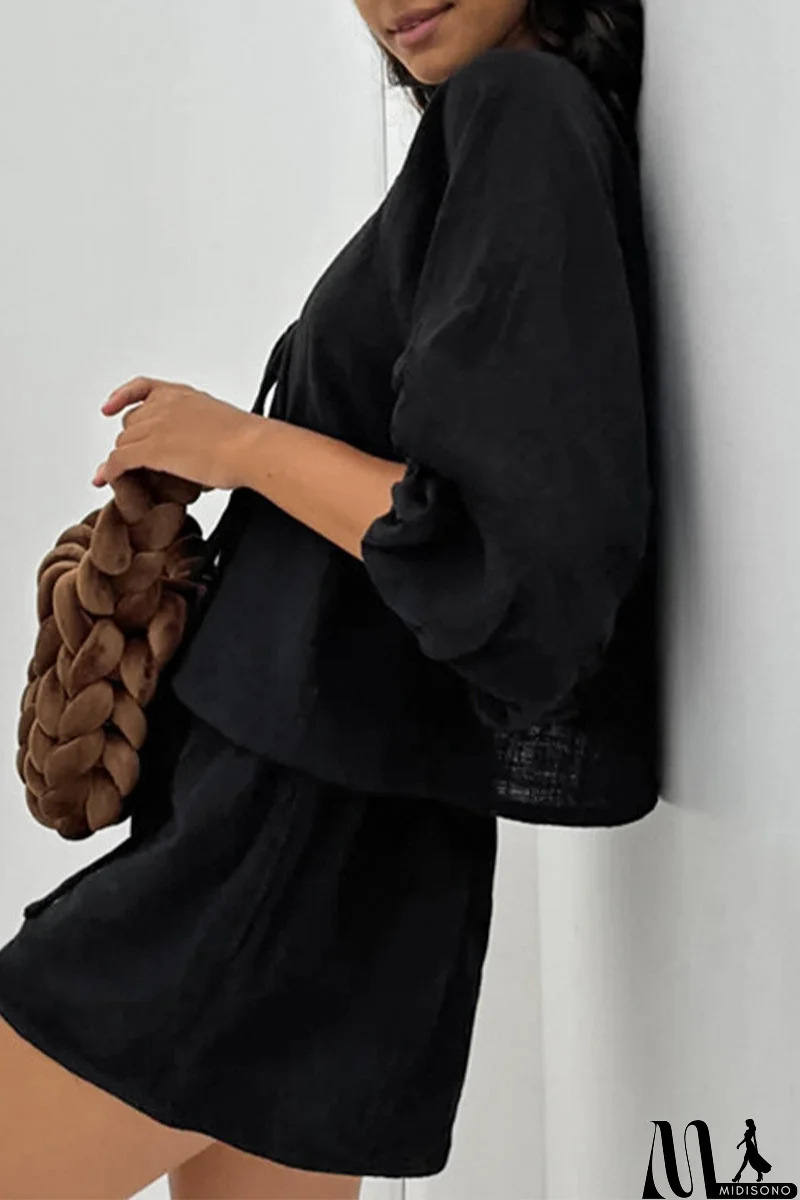 MidiSono - Casual Daily Solid Color Pocket Lace Up V Neck Long Sleeve Two Pieces