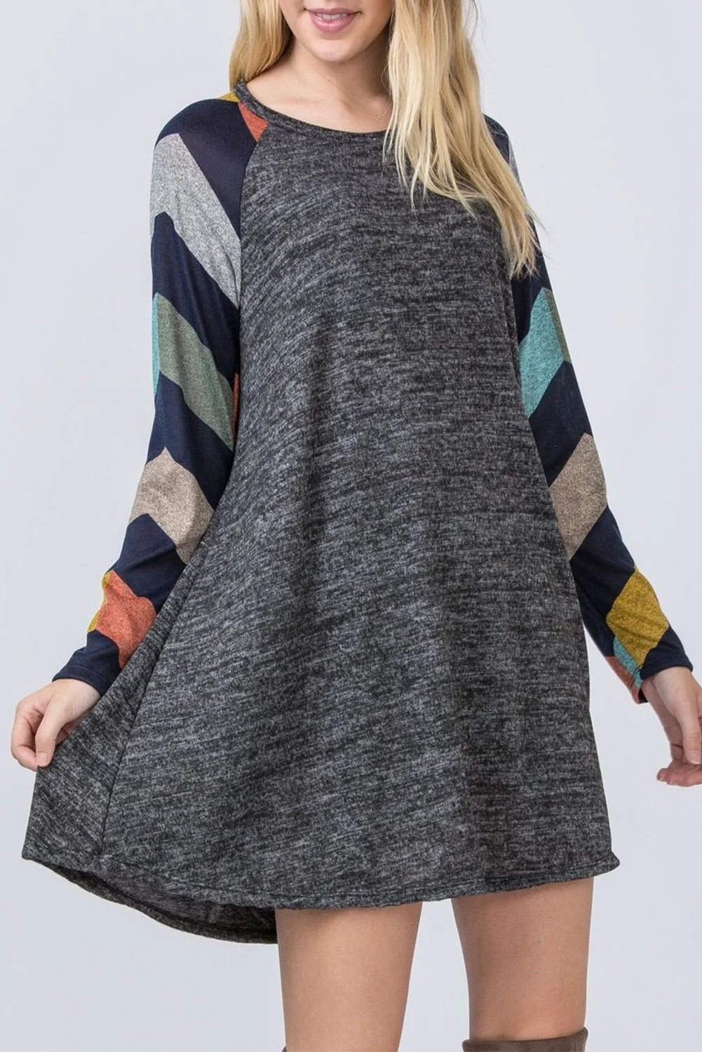 Buzzdaisy Dark Gray Colorful Striped Long Sleeves Mini Dress