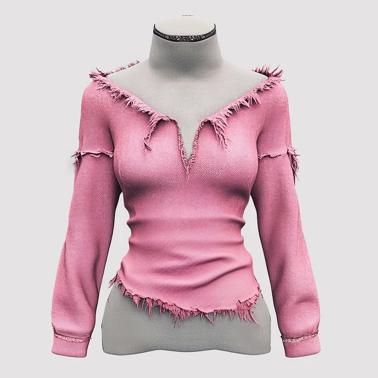 Ursime Raw Edge Denim Long Sleeve V Neck Blouse