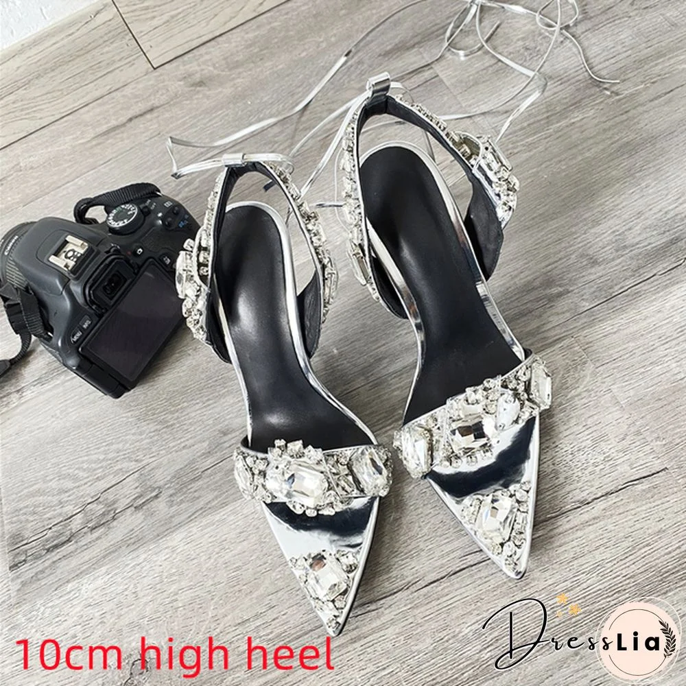 New Crystal Women Wedding Rhinestone High Heels And Low Heel Ankle Strap Party Pointed Toe Sexy Shoes Candy Color Big Size 43