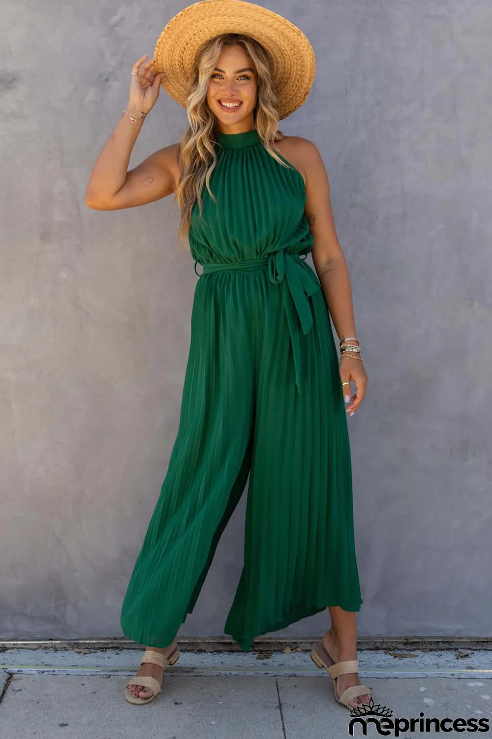 Green Halter Neck Pleated Wide Leg Jumpsuit with Belt