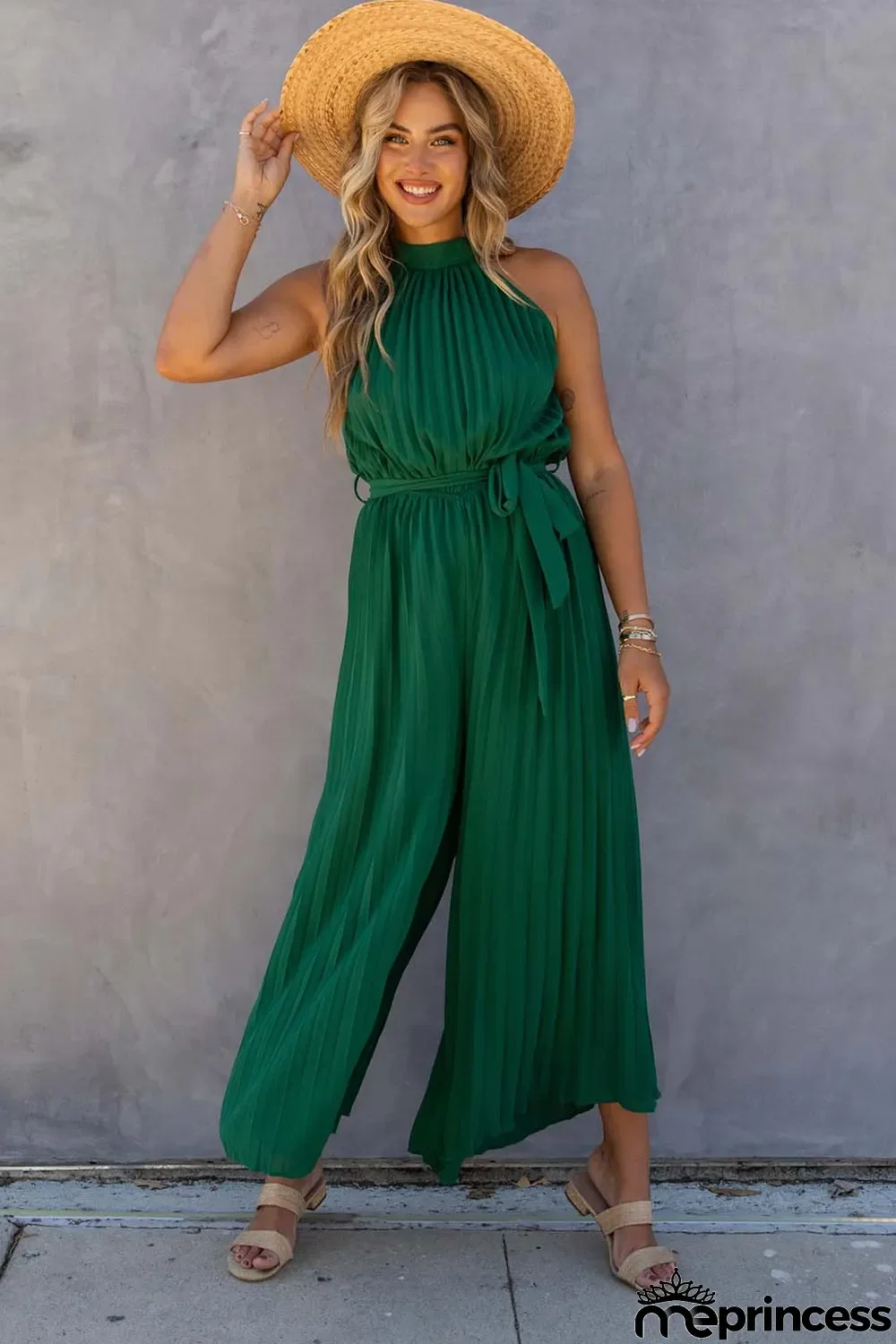 Green Halter Neck Pleated Wide Leg Jumpsuit with Belt