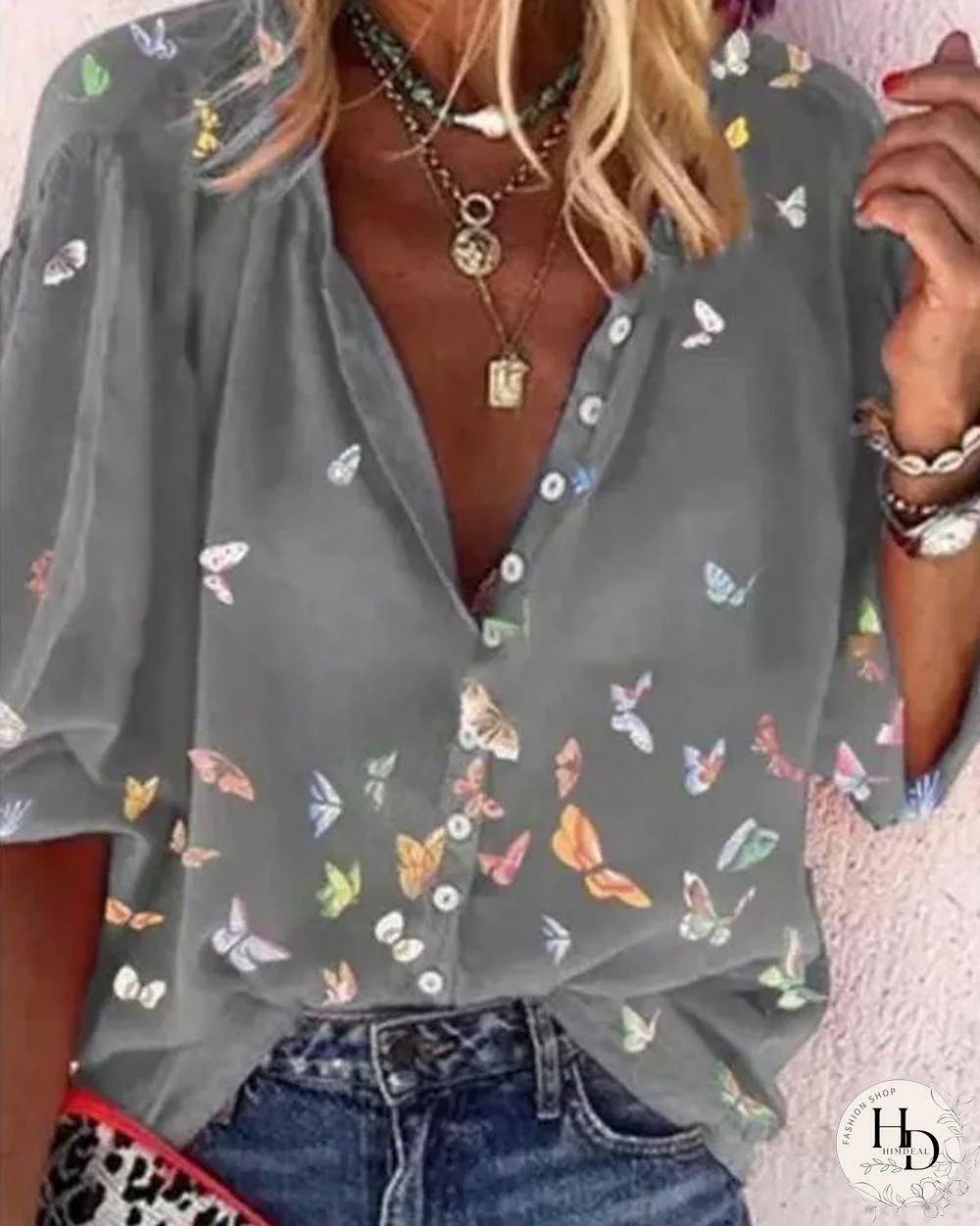 Zipper V Neck Butterfly Top