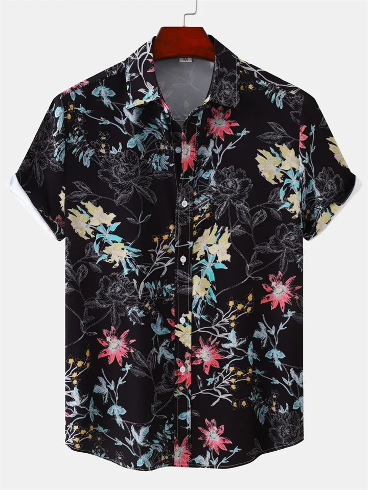 Summer New Floral Print Men's Casual Lapel Shirt Short-sleeved Floral Shirt Slim-type Men's Clothing-JRSEE