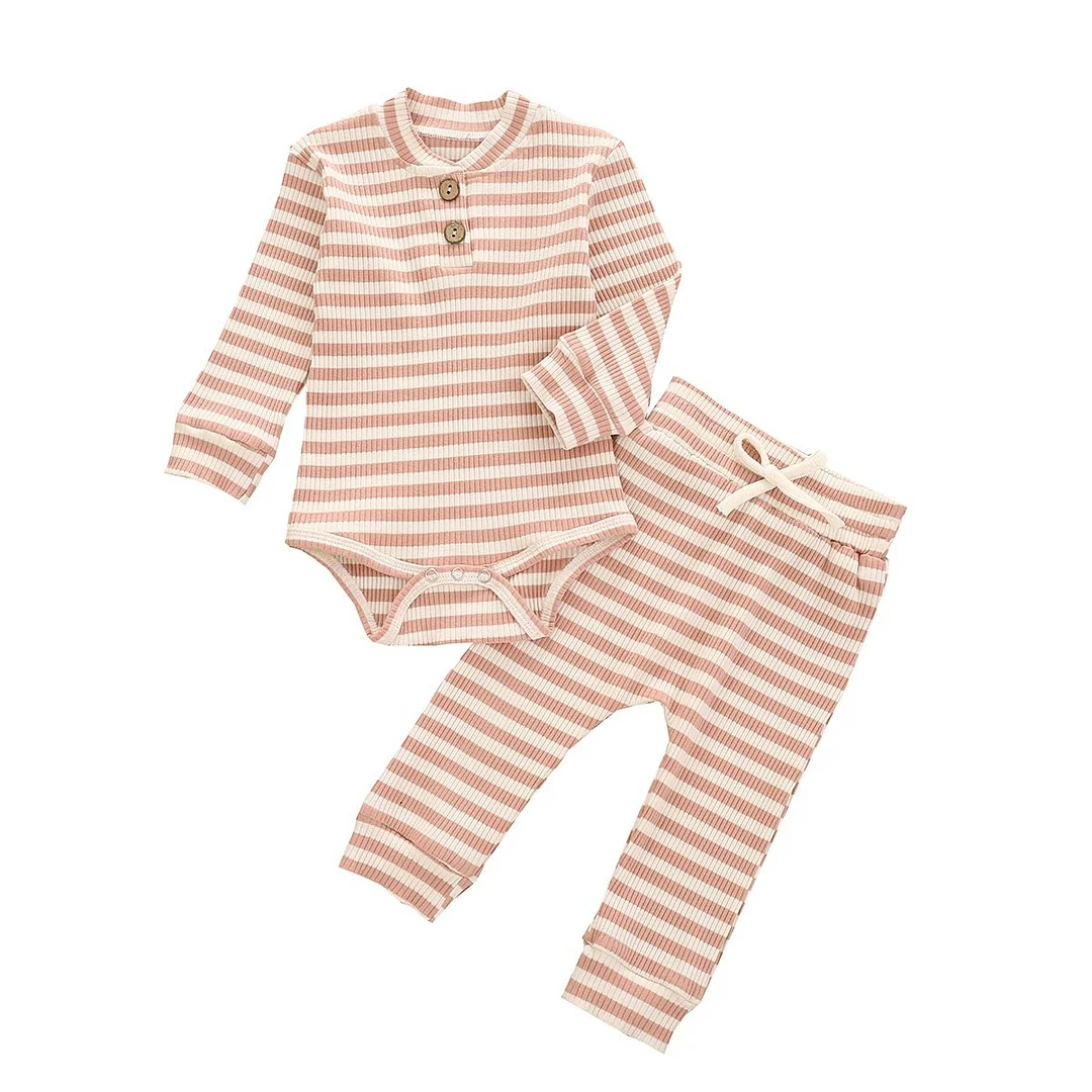 Toddler Baby Girl Boy 2PCS Outfit Crew Neck Button Long Sleeve Romper Drawstring Pants Color Matching Ribbed Stripe Clothes Sets