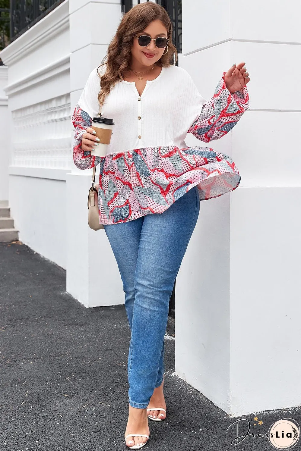 Apricot Plus Size Printed Patchwork Textured Buttoned Blouse