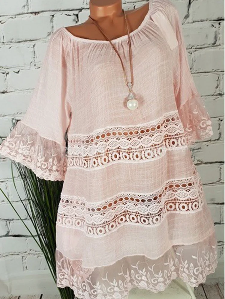 Lace Patchwork Hollow Out Flare Sleeve Loose Blouse