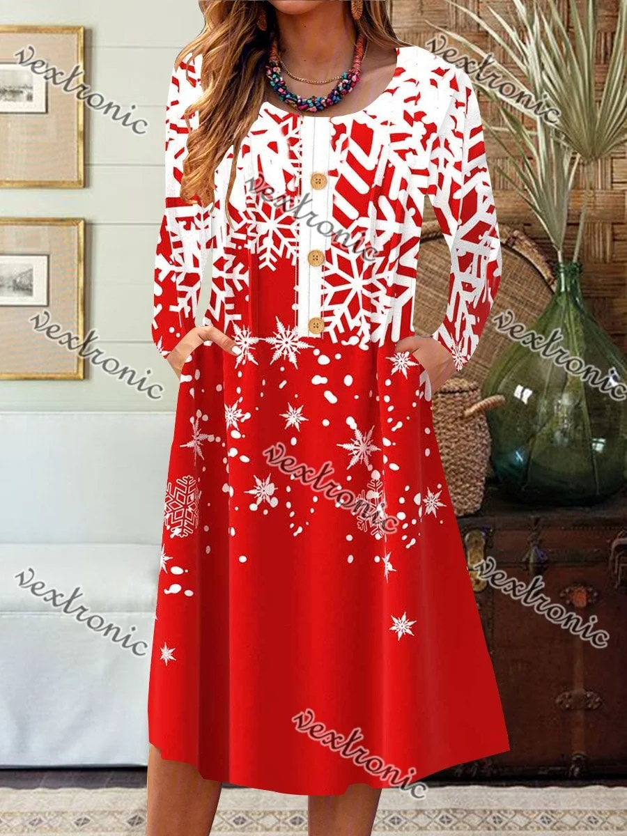 Women Long Sleeve Scoop Neck Graphic Buttons Pockets Midi Dress