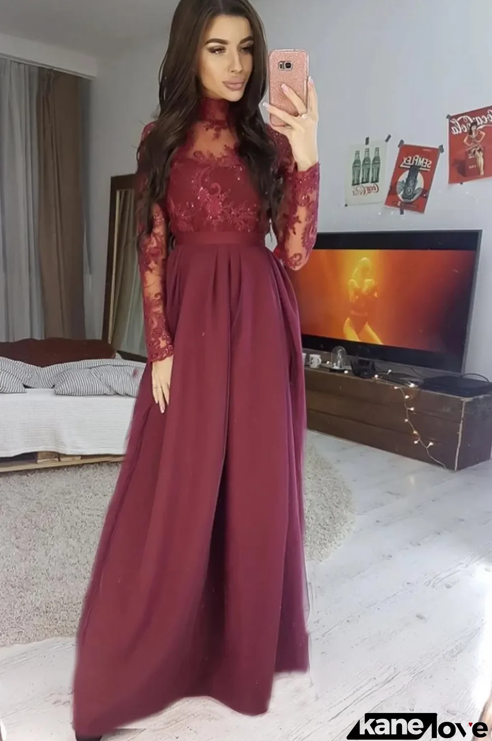 Winter Wine Red Sequins Applique Long Sleeve Split Eveing Dress