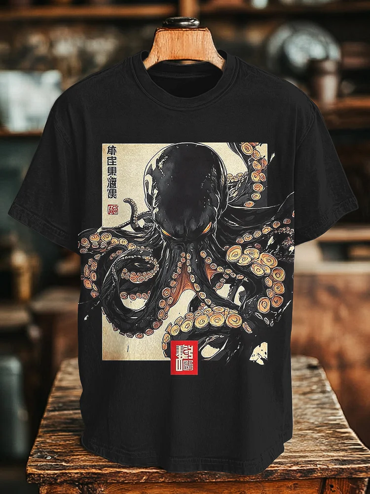 Men's Dark Octopus Japanese Art Print T-Shirt