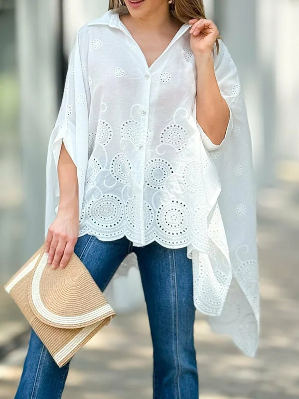 Cap Sleeve Loose Asymmetric Solid Color Lapel Collar Blouses&Shirts Tops