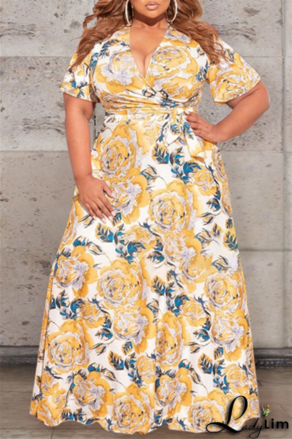 Earth Yellow Fashion Casual Print Bandage V Neck Plus Size Two Pieces