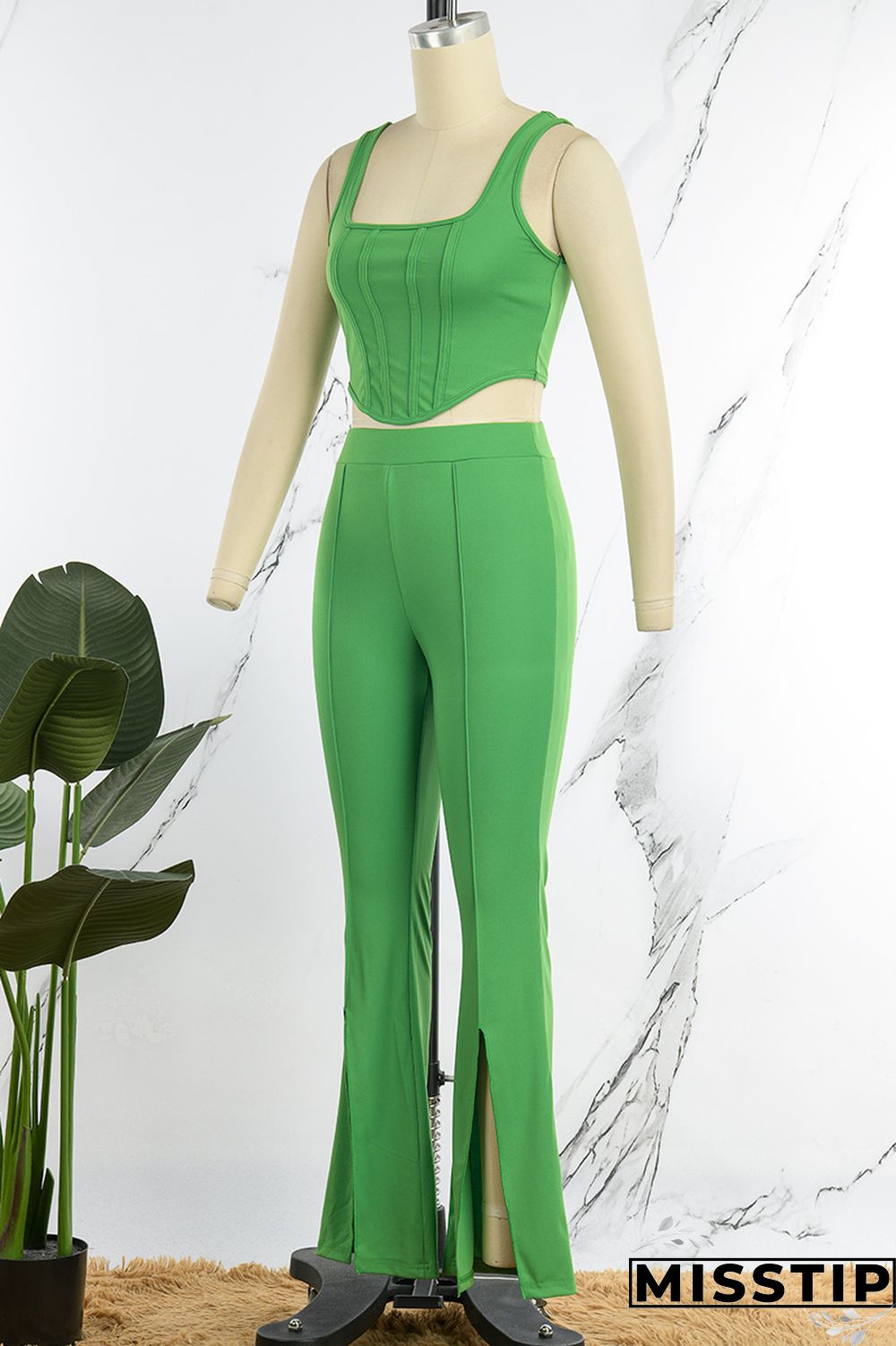 Green Casual Solid Vests Pants U Neck Sleeveless Two Pieces