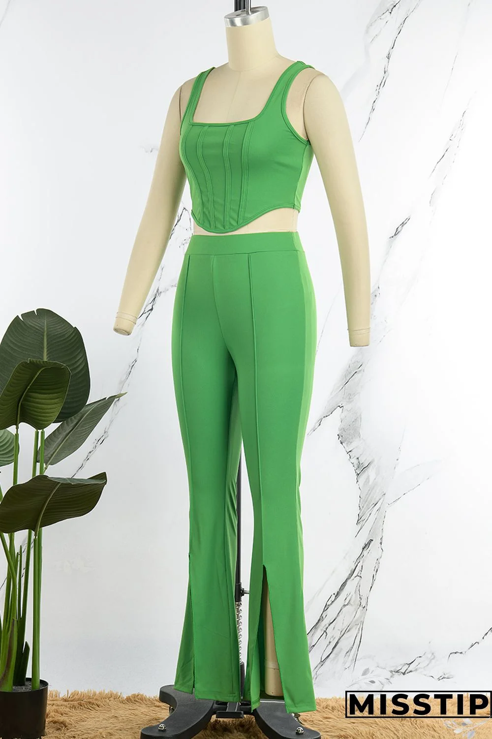 Green Casual Solid Vests Pants U Neck Sleeveless Two Pieces