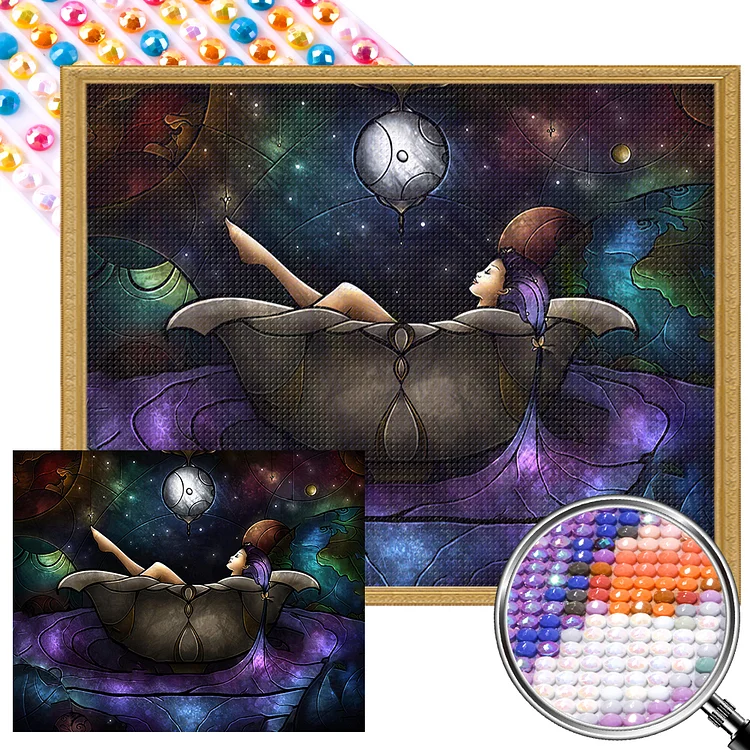 Partial AB Drill - Full Round Drill Diamond Painting -Girl Under The Moon - 50*40cm