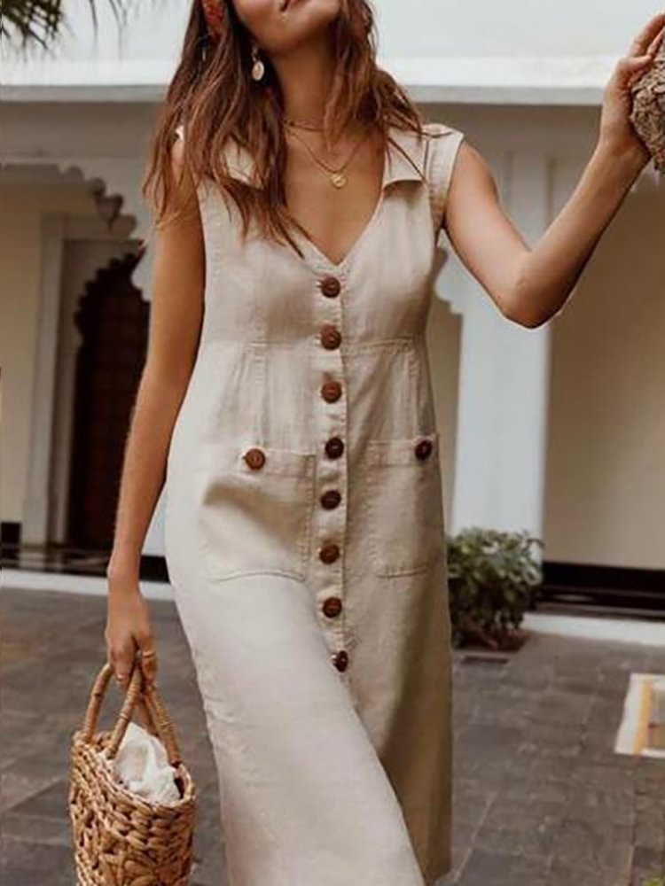 Summer Button Boho Style Dress Waist Plus Size Casual V Neck Pockets Midi Dress
