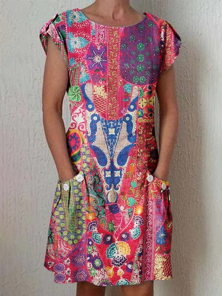 Women's Classic Kantha Vintage Floral Pattern Dress with Pockets