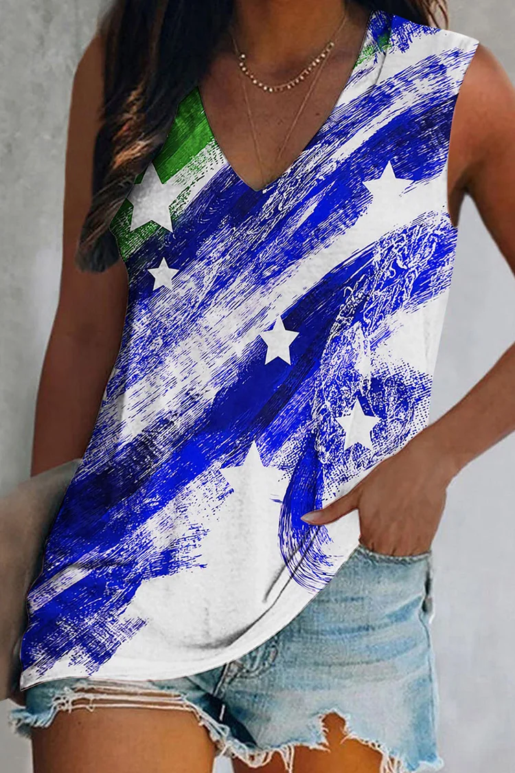Plus Size Casual Blue Stars And Stripes Print Tank Top  Flycurvy [product_label]