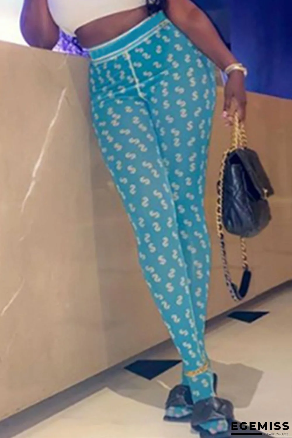 Blue Fashion Casual Print Basic Skinny High Waist Pencil Trousers | EGEMISS