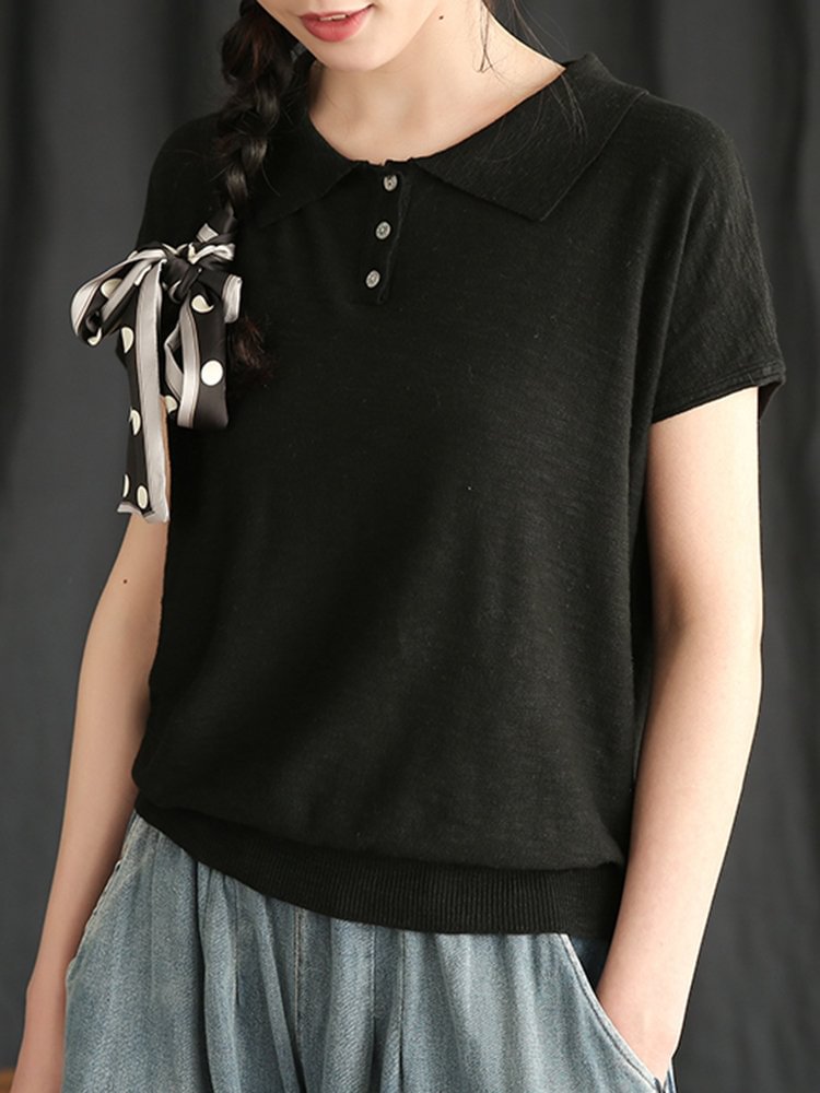 Solid Color Lapel Short Sleeve Casual T shirt For Women P1448163