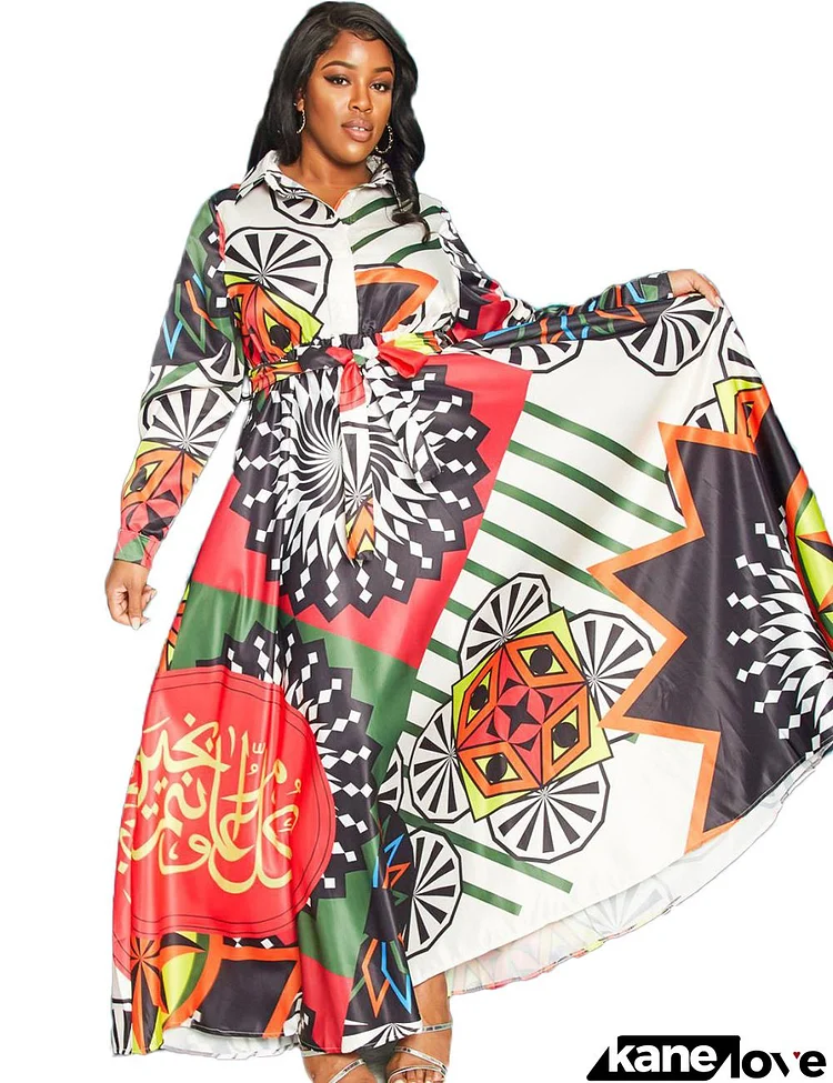 Women Fashion Plus Size Graphic Printed Long Sleeve Loose Maxi Dress