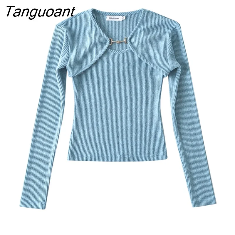 Tanguoant Autumn Two PIECE SET Crop T Shirt O neck Crop top Full Sleeve Chain Buckle Cape T-shirt Camis with tee Korea Clothing Pink