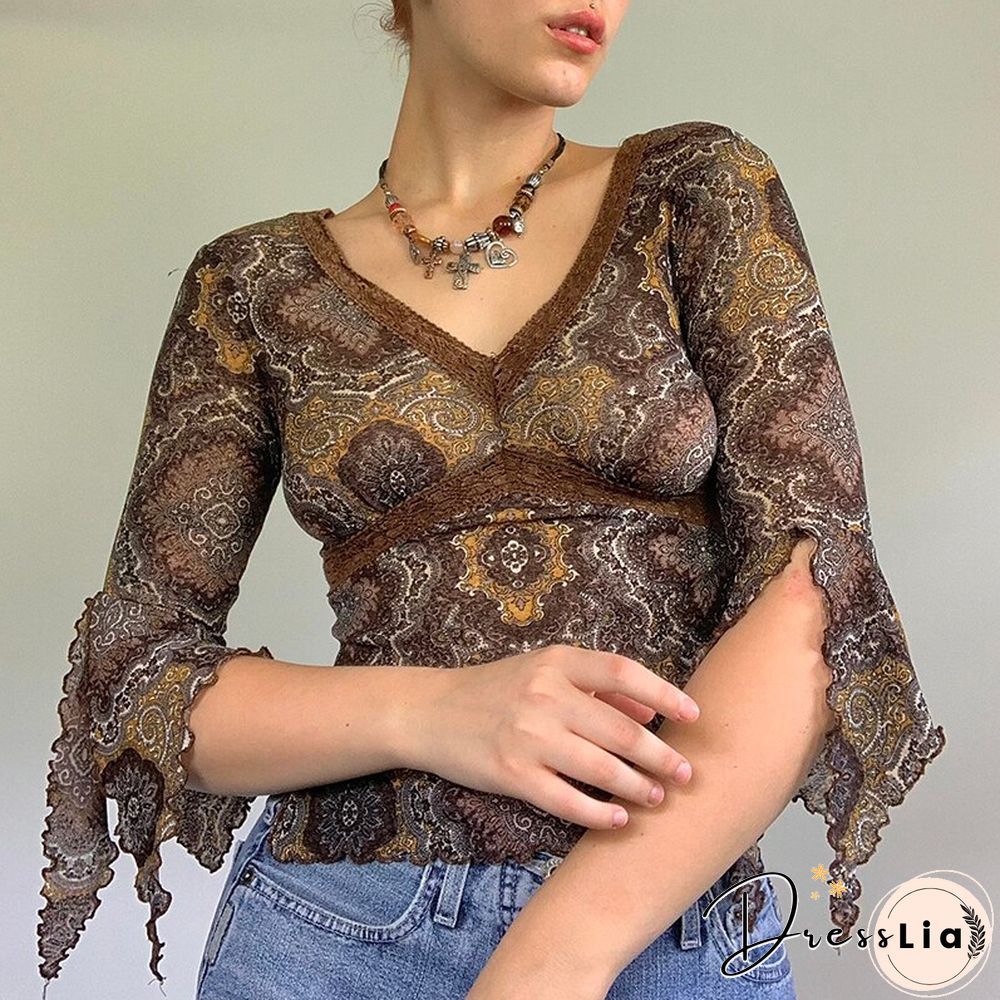 Autumn Lace Floral Mesh Tops Women Vintage Half Flare Sleeve Neck T-Shirts Female Elegant