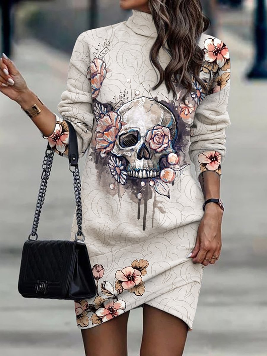 Women's Long-sleeved Turtleneck Irregular Print Dress-1120505